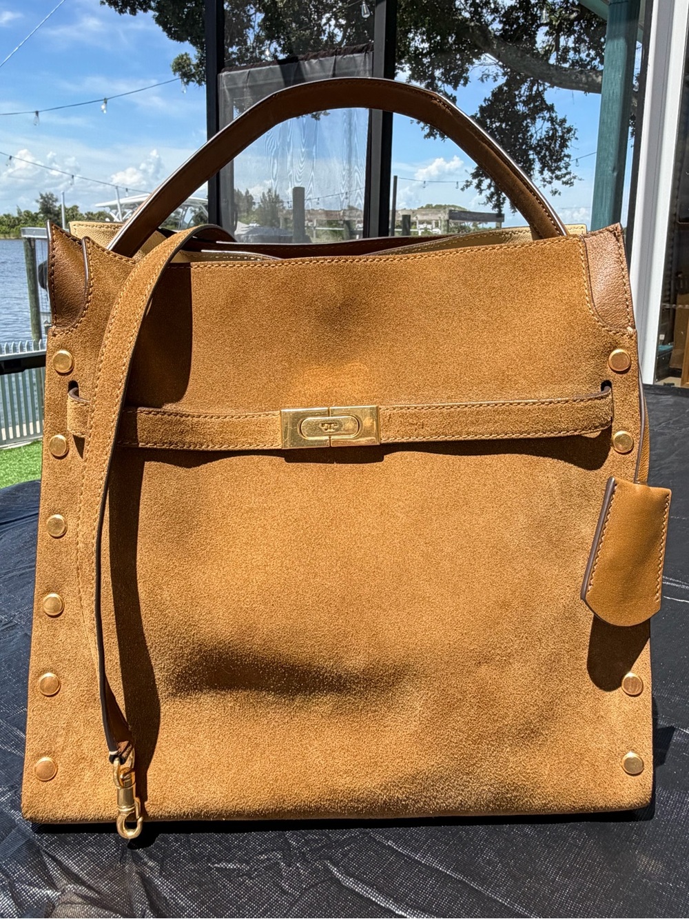 Tory Burch Lee Radziwill Suede Double Bag Satchel Coffee Brown Tobacco Leather